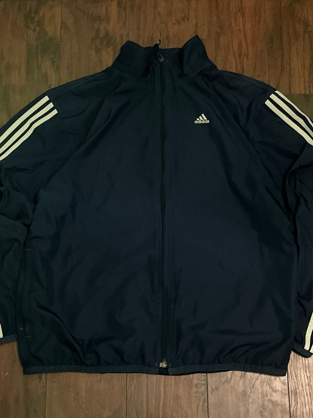 Vintage Y2K adidas Men's Navy Blue Full-Zip Track Jacket White Stripes